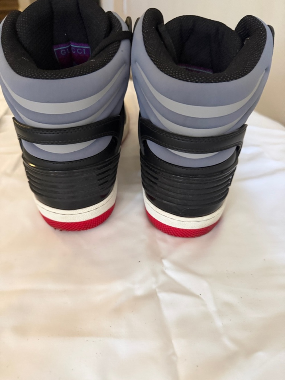 Gucci Black, Gray & Blue High-Top Sneakers with Red Trim - Picture 2 of 5
